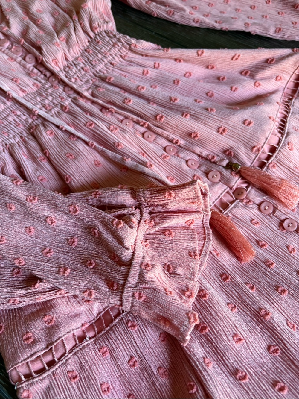 VICI Collection Swiss Dot Boho Maxi Dress Pink Long Sleeve Tiered S VGUC - Picture 3 of 6